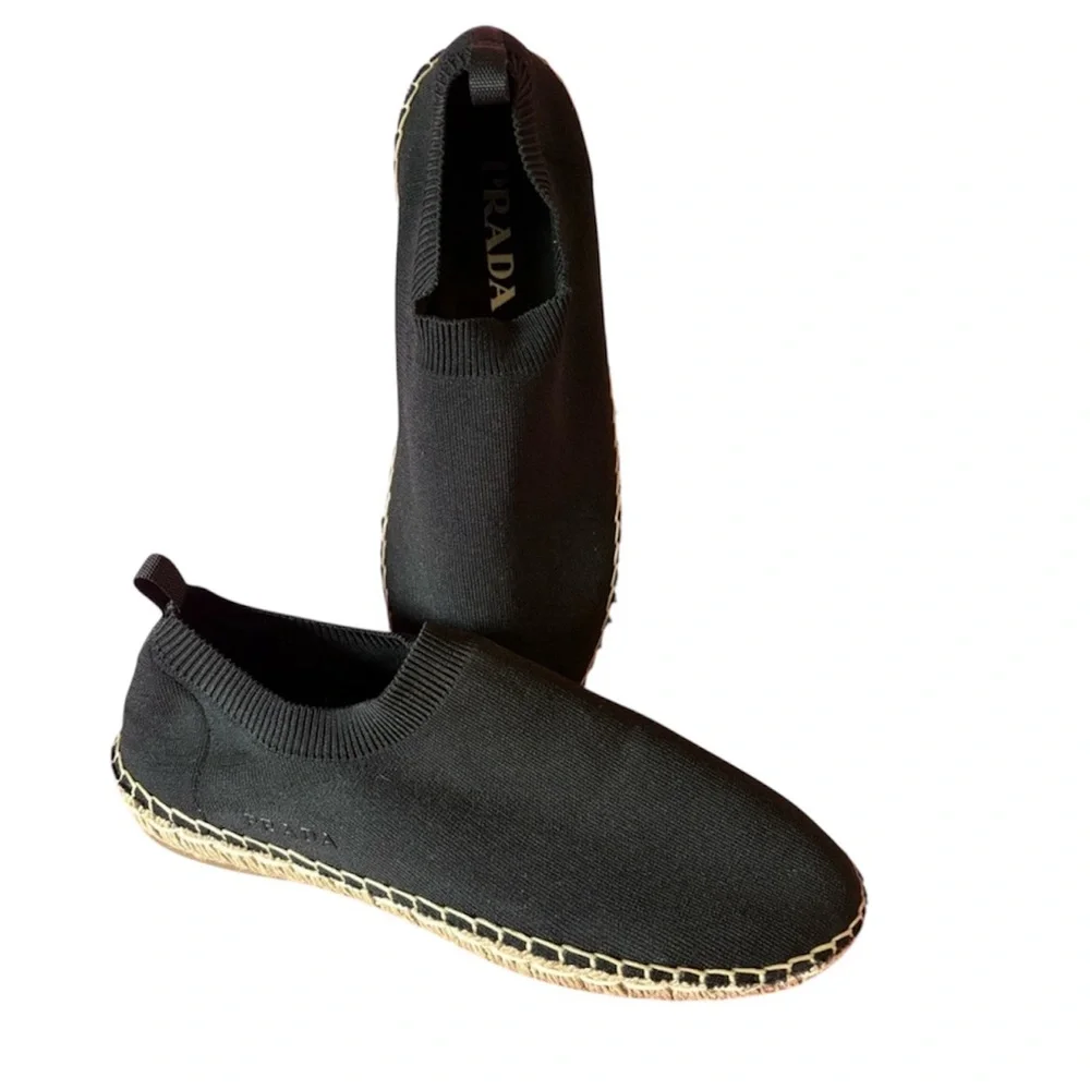 Prada Calzature Donna Black Knit Cotton Espadrille Shoes Slip On Jute Trim 37.5